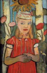 Fille en robe rouge devant un tournesol, 1907