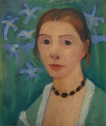 Autoportrait devant un fond vert avec un iris bleu