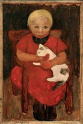 Enfant paysan assis avec chat