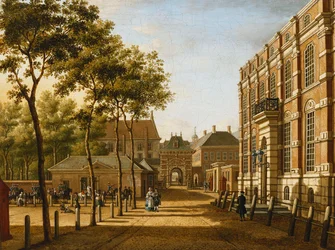 La Haye : la Mauritspoort et le Binnenhof vus à travers le Plein, 1773