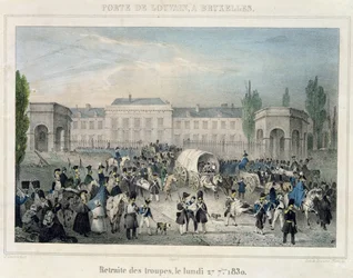 Porte de Louvain, Bruxelles : La retraite des troupes néerlandaises, 27 septembre 1830, gravé par Dewasme-Pletinckx