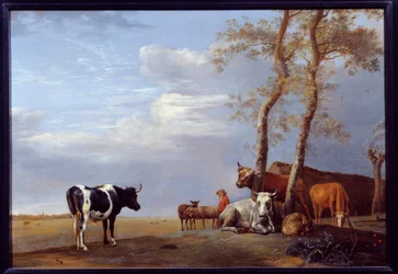 Paysage avec paysan et animaux. Peinture par Paul Potter (1625-1654)