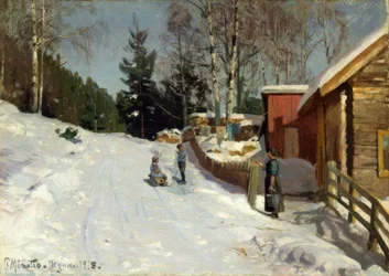 Enfants jouant dans une rue de village enneigée