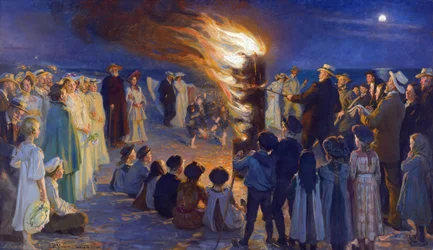 Veillée de la Saint-Jean sur la plage de Skagen (Danemark) - feu de joie de la veille de la Saint-Jean sur la plage de Skagen, 149,5x257 cm, Skagens Museum