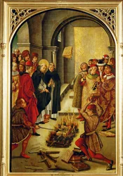 Saint Dominique préside au bûcher des livres hérétiques des Albigeois (peinture sur bois)