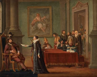 Christine Gyllenstierna (1494-1559) avec la lettre de sauf-conduit, devant le roi Christian II de Danemark (1481-1559)