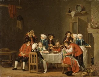 Scène conviviale dans un cottage paysan