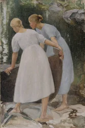 Filles poussant un bateau