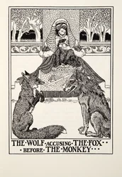 Le Loup accusant le Renard devant le Singe, des Fables de Fontaine, pub. 1905