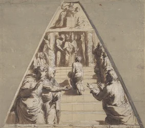 Présentation de la Vierge au Temple en bas, Abraham sur le point de sacrifier Isaac en haut, 1520