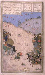 Bahram Chubina, son éléphant tué, combat à pied, illustration du Shahnama (Livre des Rois), par Abul-Qasim Manur Firdawsi (c.934-c.1020) c.1440-45