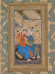 Couple en conversation affectueuse, période safavide (aquarelle sur papier)