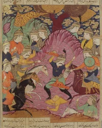 Combat entre Bahrama et Tazaw, illustration du Shahnama (Livre des Rois) par Abul-Qasim Manur Firdawsi (vers 934-vers 1020) 1619