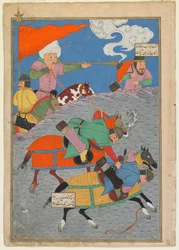 Folio du Shahnama (Livre des Rois) de Firdawsi; recto: Bataille entre Zanga et Awkhast; Gilan, Iran, période Turkmène, 1493-1494