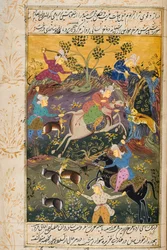 Chasseurs à cheval et à pied tuant des cerfs et des tigres (aquarelle opaque et or sur papier)