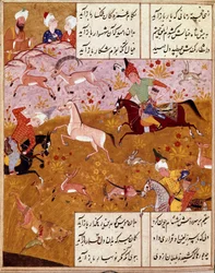 Le roi chasse. Miniature illustrant les poèmes du poète persan Hafez, manuscrit persan. 1554 San Lorenzo de El Escorial, Bibliothèque royale du Monastère de l