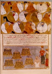 Tentes mongoles et prisonniers de Gengis Khan : Gengis Khan fait jeter les partisans de Djamuqua, un Mongol de la tribu des Jadjirat, dans les chaudrons. Miniature persane tirée de « Jami al-tawarikh » (Histoire universelle)