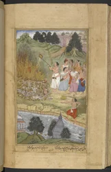 Arjuna brûlant les corps après la bataille entre les Andhakas et les Yadavas à Prabhasa sur la côte du Gujarat. Du ghee est versé sur le bûcher funéraire (Narayan) du 