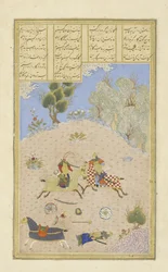 Gustaham, ayant tué Farshîdvard, envoie Lahhâk, illustration du Shahnama (Livre des Rois)