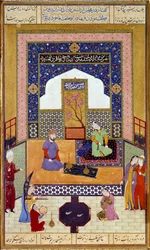 La princesse Shirin reçoit Farhad dans son château miniature persan illustrant un épisode du Khamsa de Nizami