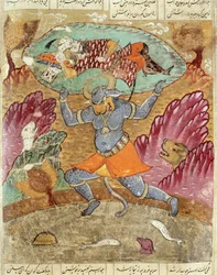 Rostam porté par Akwan-Diwa, illustration du Shahnama (Livre des Rois) par Abul-Qasim Manur Firdawsi (vers 934-vers 1020) 1619
