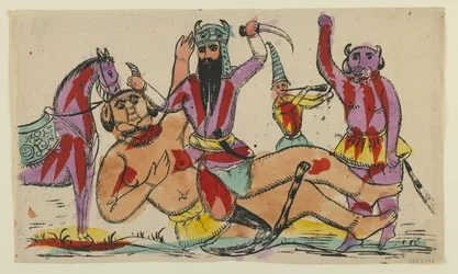 Rustam tuant le Div, fin du 19e siècle (lithographie coloriée à la main)