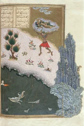 Rustam endormi transporté dans les airs par le démon Akwan, illustration du Shahnama (Livre des Rois), par Abul-Qasim Manur Firdawsi (c.934-c.1020) c.1440-45