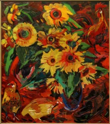 Nature morte avec tournesols et poules
