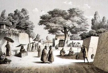 Rue à Napha, Lew Chew, gravée par T. Sinclair