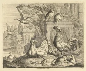 Coq, poule avec poussins et autres oiseaux dans un jardin avec des ruines antiques