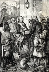 Révolution française : le roi Louis XVI reçoit la cocarde tricolore du maire de Paris Jean-Sylvain Bailly