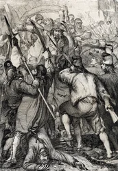 Révolution française : Le peuple armé et furieux entrant par le pont-levis et assassinant la garnison et le gouverneur lors de la prise de la Bastille
