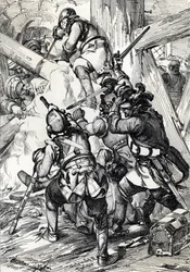 Le roi Charles (ou Carl) XII de Suède (1682-1718) défendant contre les Turcs à Bender (Bendery) février 1713, Moldavie Dessin à la plume de « Historische Memorabilian des In-und Auslandes » (Souvenirs Historiques) par Anton Ziegler