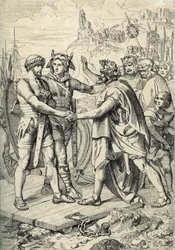 Débarquement de Hengest et Horsa, figures de la légende anglo-saxonne, qui raconte les deux frères germaniques ayant conduit les armées angles, saxonnes et jutes à la conquête des premiers territoires de la Grande-Bretagne au 5ème siècle