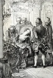 La reine Caroline Mathilde de Danemark (1751-1775), contrainte de signer les documents de divorce après sa liaison extraconjugale en 1772. Dessin à la plume