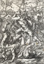Représentation de Pélage le Conquérant (Pélage ou Pelayo) (mort en 737), roi des Asturies, triomphant contre les Sarrasins, 719, Covadonga, Espagne (le roi Pélage des Asturies, noble wisigoth qui fonda le royaume des Asturies, combattant les Maures, 719