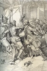 Révolte des Streltsy : arrestation des membres des régiments de Streltsy après leur soulèvement en 1698 contre les innovations progressistes du tsar Pierre le Grand, Russie
