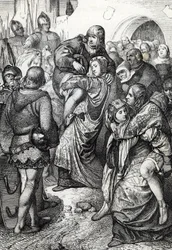 Les femmes fidèles de Weinsberg : les épouses des soldats vaincus lors du siège de Weinsberg par Conrad III de Hohenstaufen en 1140 portent leurs maris sur leur dos, Allemagne