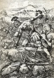 Le suicide du général romain Varus (Publius Quinctilius Varus) (46 av. J.-C.-9 apr. J.-C.) sur son épée lors de la bataille de la forêt de Teutobourg contre les Germains en 9 apr. J.-C.