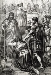 Guerre Vandale : La reddition du roi des Vandales Gélimer devant le général byzantin Bélisaire (500-565) en mars 534, Carthage, Afrique