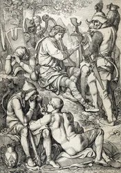 Guerre contre les Vikings : « Le roi de Wessex Alfred Ier le Grand (846-899) déguisé en harpiste entre dans le camp de Guthrum pour dérober ses plans de bataille, Somerset 878