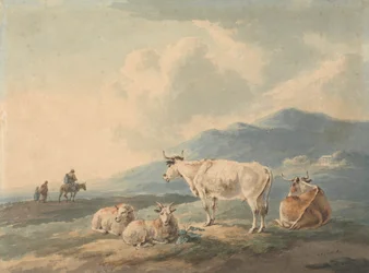 Paysage de montagne : avec vaches et chèvres au premier plan et personnages à gauche