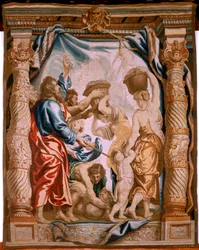 Tapisserie flamande. Série Vertumne et Pomone. Septième tapisserie de la série ; Vertumne transformé en pêcheur (partie centrale). Modèles Cercle de Pieter Coecke Van Aelst et Léonard Thiry. Manufacture Atelier inconnu, Bruxelles. Avant 1550. Tissu Or, arg