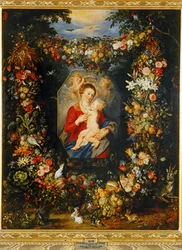 Marie, Vierge et Enfant avec couronne de fleurs et de fruits ...