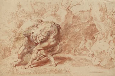 Hercule étranglant le lion de Némée, vers 1620 (craie rouge, jaune et noire, pinceau, encre rouge et gouache sur papier)