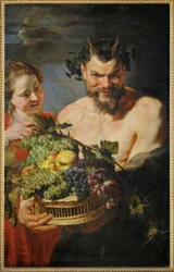 Satyre et fille avec panier de fruits