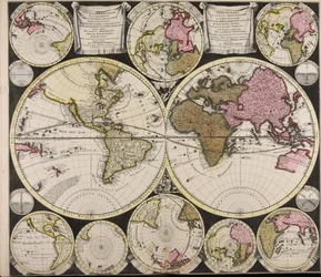 Diversa orbis Terrae visu incedente per coluros Tropicorum ambos ejus polos et particularis sphaerae zenith in planum orthographica projectio quibus additae pro variato horizonte omnium positionses eorumdemque mutua cum circulis caelestibus relatio  Plat O