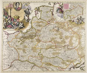 Frideric Augustus cousin Augustus Polon. Lituanien. Borus. Pomer. rois ducs princes Saxon. Utr. ducs S. Imp. elect. haec imperii sui regna D.D.D. P. Schenkius sculpt. regius Amstelodami exc. prope forum