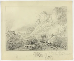 Figures et charrette à cheval dans un paysage avec falaises