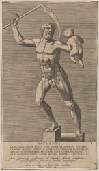 Planche 1 : Saturne, statue du dieu nu debout sur un socle, tenant une faux dans sa main droite, 1586